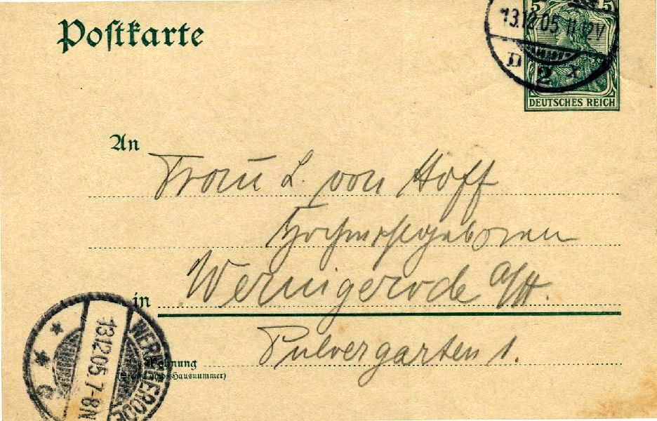 Postkarte: Berlin 13.XII.05 Sohn Heinrich an seine Mutter Frau v. Hoff (Schloß Wernigerode GmbH RR-F)