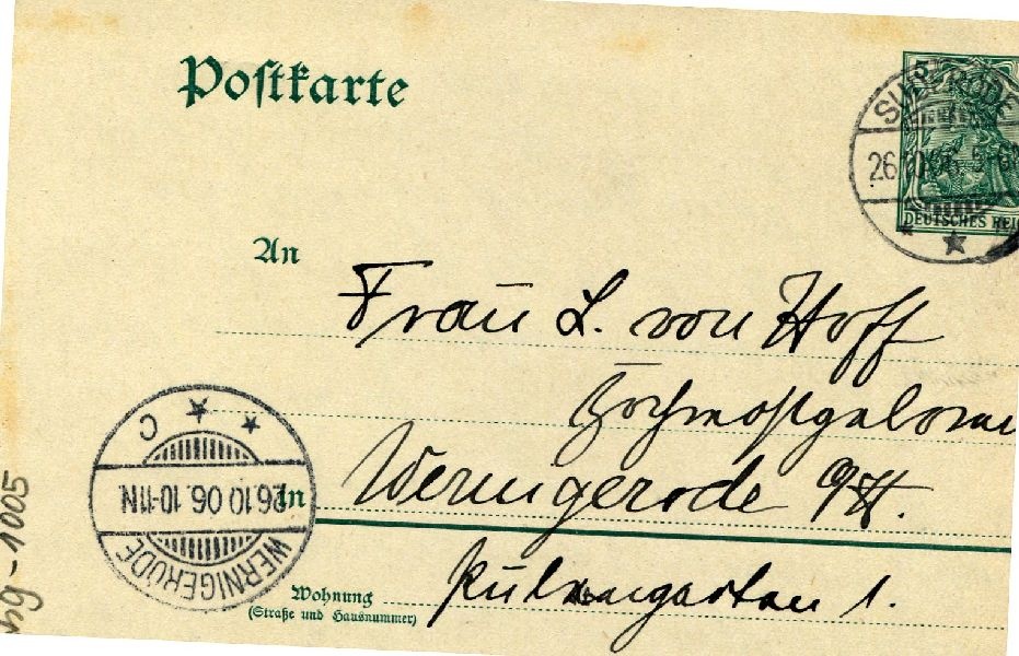 Postkarte: Suderode 26.10.06 Sohn Heinrich an seine Mutter Frau von Hoff (Schloß Wernigerode GmbH RR-F)