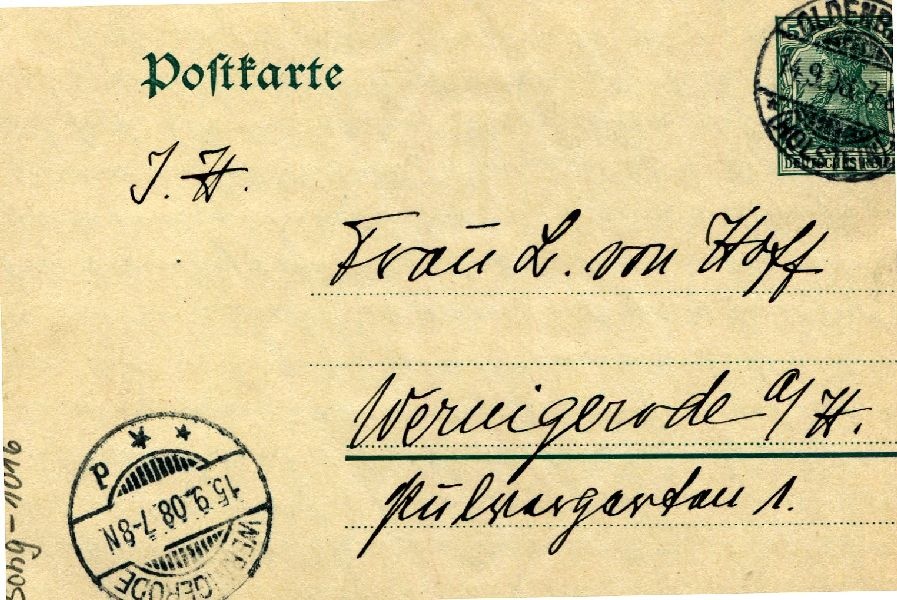 Postkarte: Oldenburg 14.09.08 Sohn Heinrich an seine Mutter Frau von Hoff (Schloß Wernigerode GmbH RR-F)