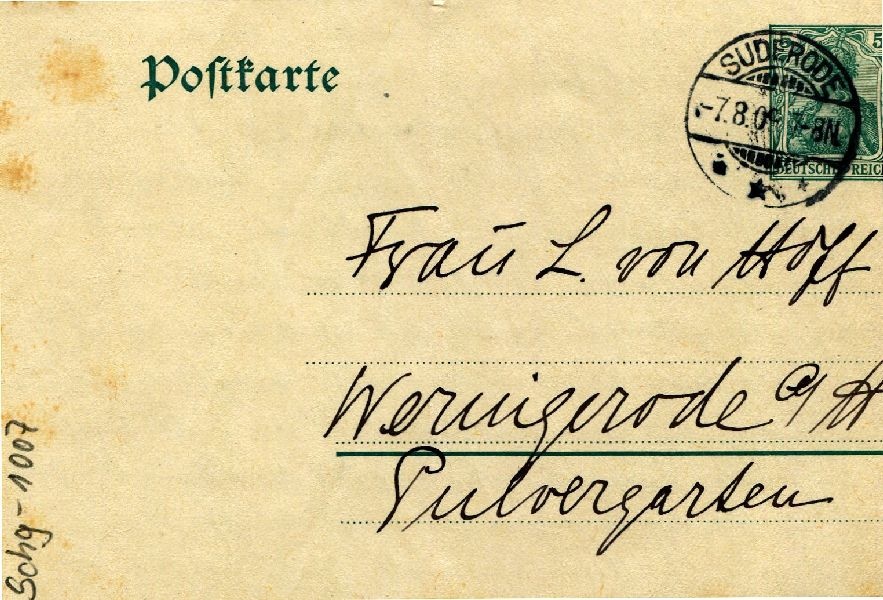 Postkarte: Suderode 07.08.09 Sohn Heinrich an seine Mutter Frau von Hoff (Schloß Wernigerode GmbH RR-F)