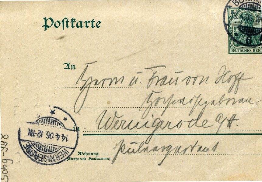 Postkarte: Berlin 13.IV.06 Sohn Heinrich an seine Eltern Herrn u. Frau v. Hoff (Schloß Wernigerode GmbH RR-F)