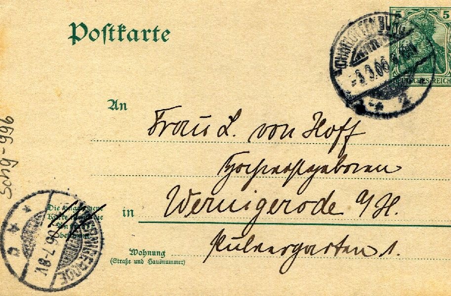 Postkarte: Ch. 3.III.06 Sohn Heinrich an Frau von Hoff (Schloß Wernigerode GmbH RR-F)