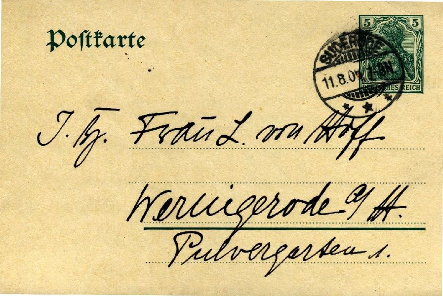 Postkarte: Suderode 11.08.09 Sohn Heinrich an seine Mutter Frau von Hoff (Schloß Wernigerode GmbH RR-F)
