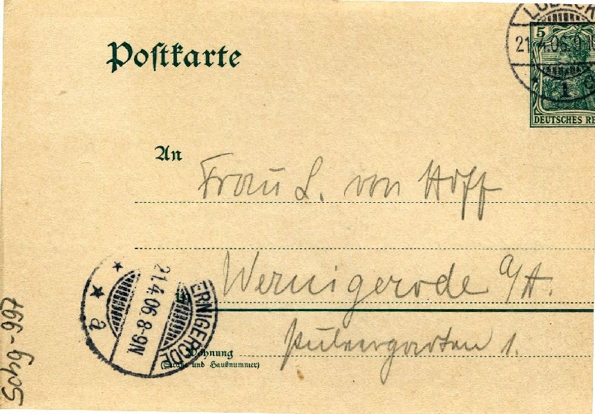 Postkarte: Lübeck d. 20.IV.06 Sohn Heinrich an Frau von Hoff (Schloß Wernigerode GmbH RR-F)
