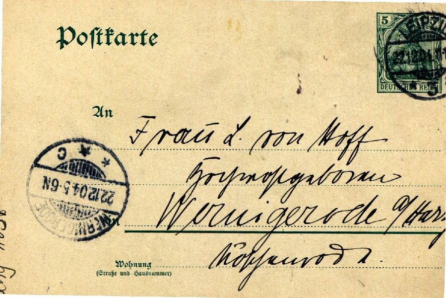 Postkarte: Leipzig 22.12.04 Sohn Heinrich an seine Mutter Frau von Hoff (Schloß Wernigerode GmbH RR-F)
