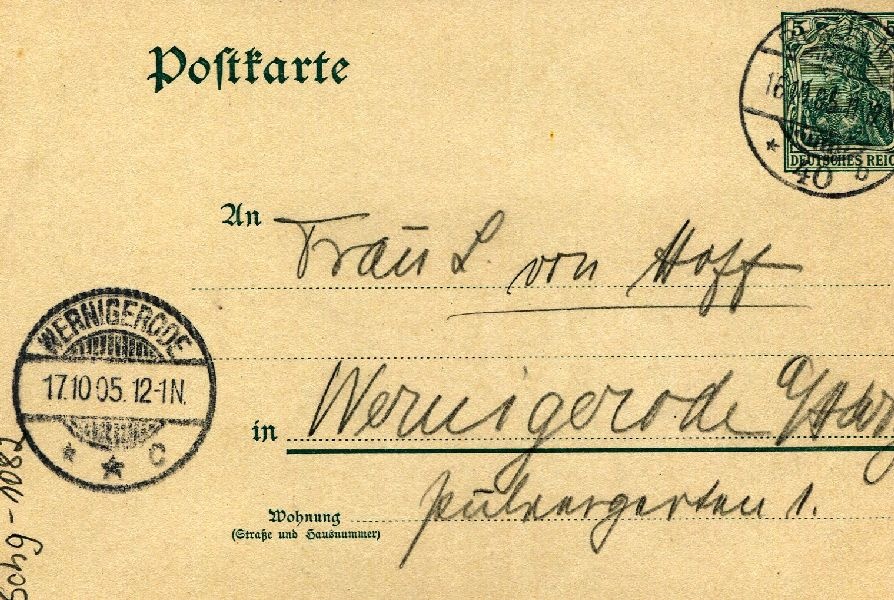 Postkarte: Berlin 16.10.05 Heinrich an seine Mutter Frau v. Hoff (Schloß Wernigerode GmbH RR-F)
