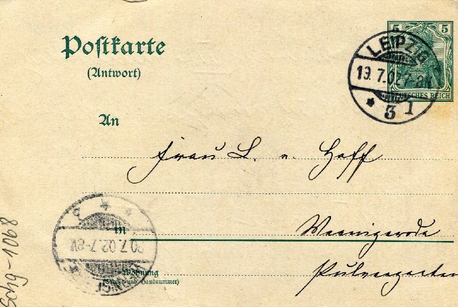 Postkarte: Leipzig 13.07.02 Heinrich an seine Mutter Frau v. Hoff (Schloß Wernigerode GmbH RR-F)