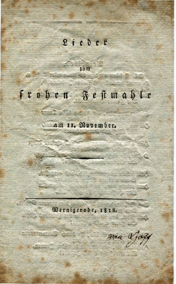 Lieder zum frohen Festmahle am 11. Nov. 1818 (Schloß Wernigerode GmbH RR-F)