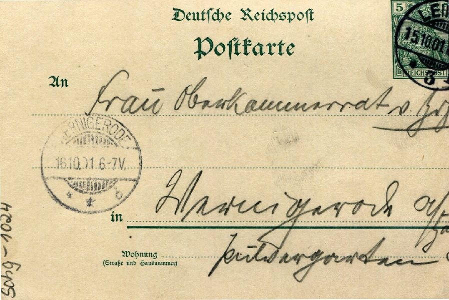 Postkarte: Leipzig 15.10.01 Sohn Heinrich an seine Mutter Frau von Hoff (Schloß Wernigerode GmbH RR-F)