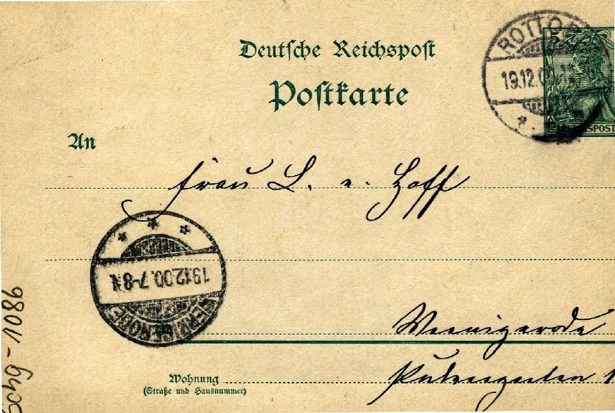 Postkarte: Rottorf 19.12.00 Heinrich an seine Mutter Frau v. Hoff (Schloß Wernigerode GmbH RR-F)