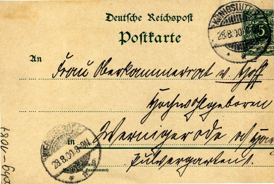 Postkarte: Königslutter 28.08.00 Heinrich an seine Mutter Frau v. Hoff (Schloß Wernigerode GmbH RR-F)