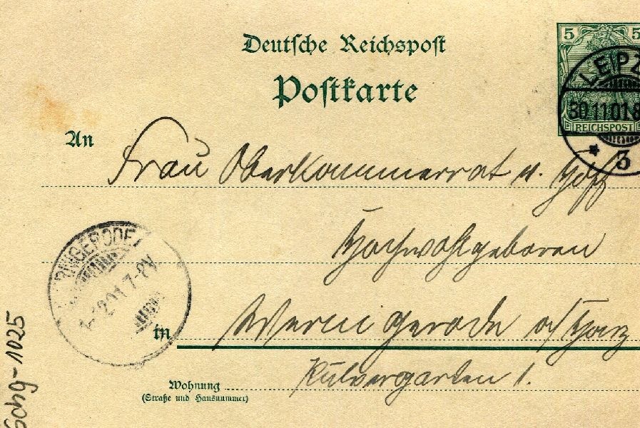 Postkarte: Leipzig 30.11.01 Sohn Heinrich an seine Mutter Frau von Hoff (Schloß Wernigerode GmbH RR-F)