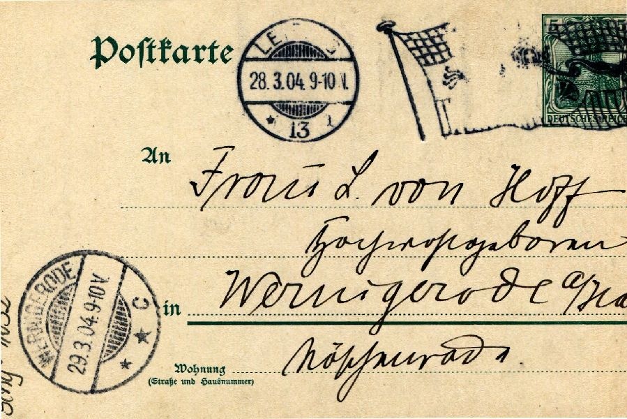 Postkarte: Leipzig 27.03.04 Sohn Heinrich an seine Mutter Frau von Hoff (Schloß Wernigerode GmbH RR-F)