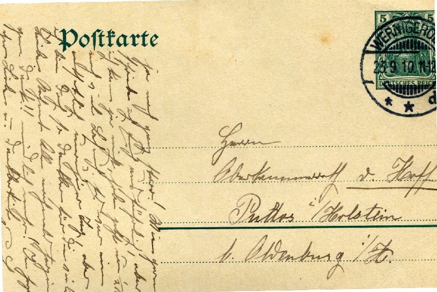 Postkarte: Wernigerode 25.09.1910 L. an Herrn Oberkammerrat von Hoff (Schloß Wernigerode GmbH RR-F)