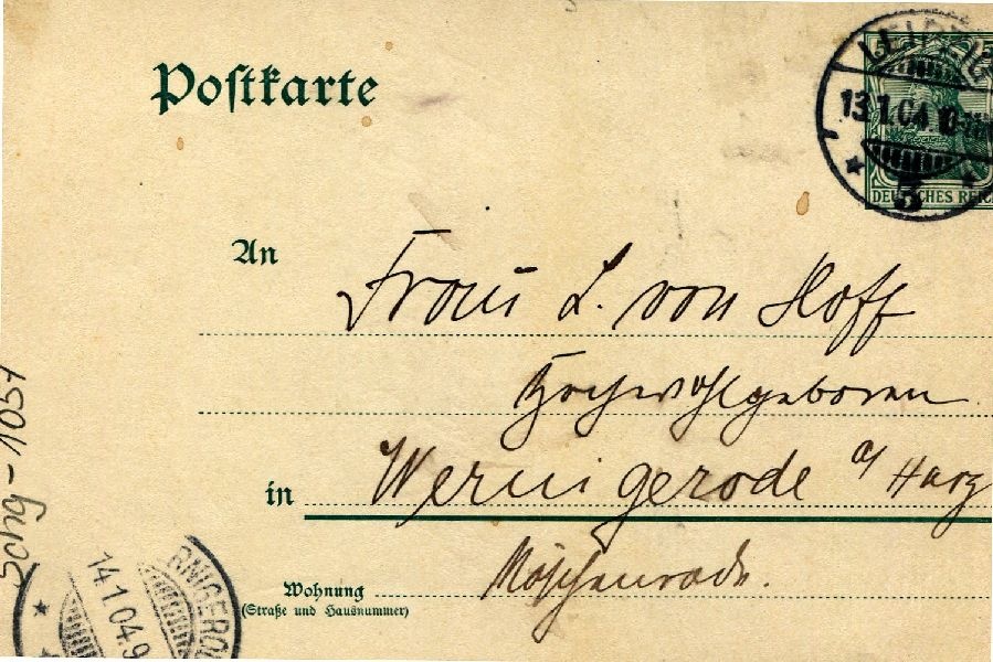 Postkarte: Leipzig 13.01.04 Heinrich an seine Mutter Frau v. Hoff (Schloß Wernigerode GmbH RR-F)