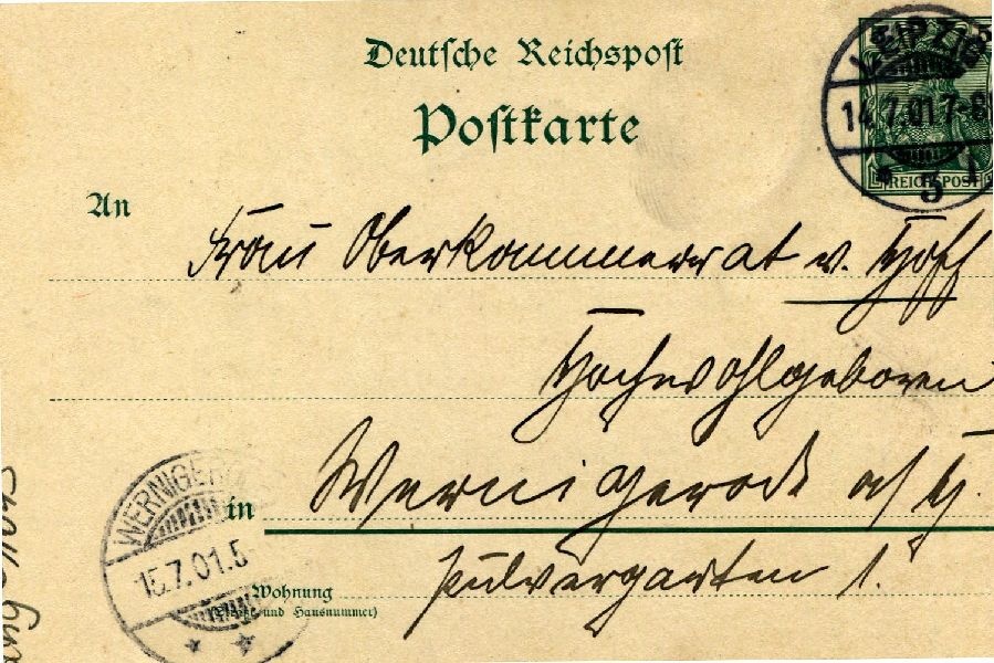 Postkarte: Leipzig 14.07.01 Heinrich an seine Mutter Frau v. Hoff (Schloß Wernigerode GmbH RR-F)
