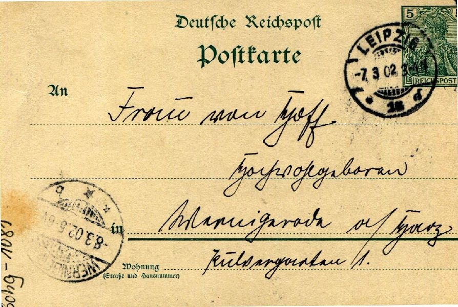 Postkarte: Leipzig 07.03.02 Heinrich an seine Mutter Frau v. Hoff (Schloß Wernigerode GmbH RR-F)