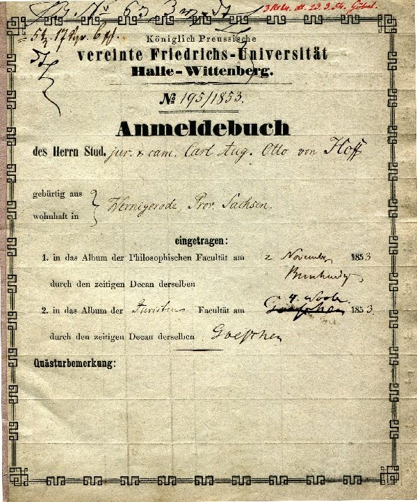 Anmeldebuch, Königl. Preussische vereinte Friedrichs-Universität des Carl Aug. Otto von Hoff (Schloß Wernigerode GmbH RR-F)