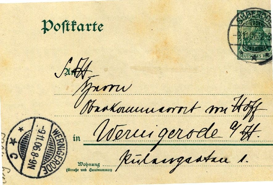 Postkarte: Suderode 09.11.06 Heinrich an seinen Vater Herrn v. Hoff (Schloß Wernigerode GmbH RR-F)