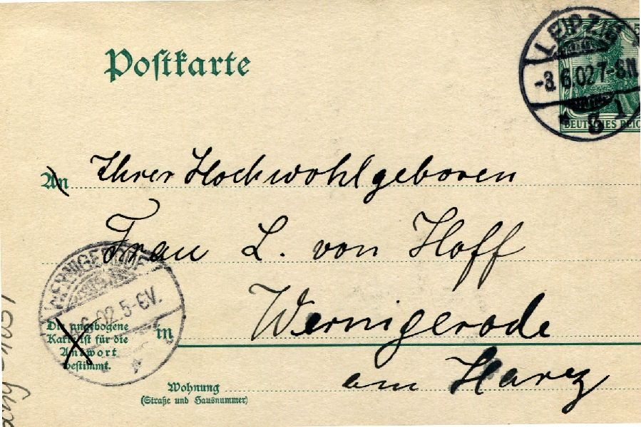 Postkarte: Leipzig 03.11.02 Heinrich an seine Mutter Frau v. Hoff (Schloß Wernigerode GmbH RR-F)