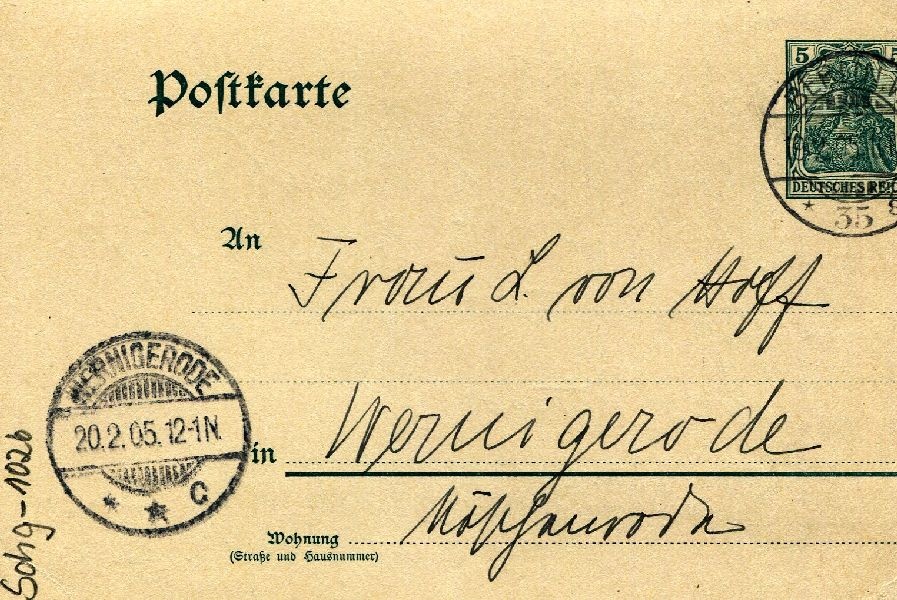 Postkarte: Berlin 19.02.05 Sohn Heinrich an seine Mutter Frau von Hoff (Schloß Wernigerode GmbH RR-F)