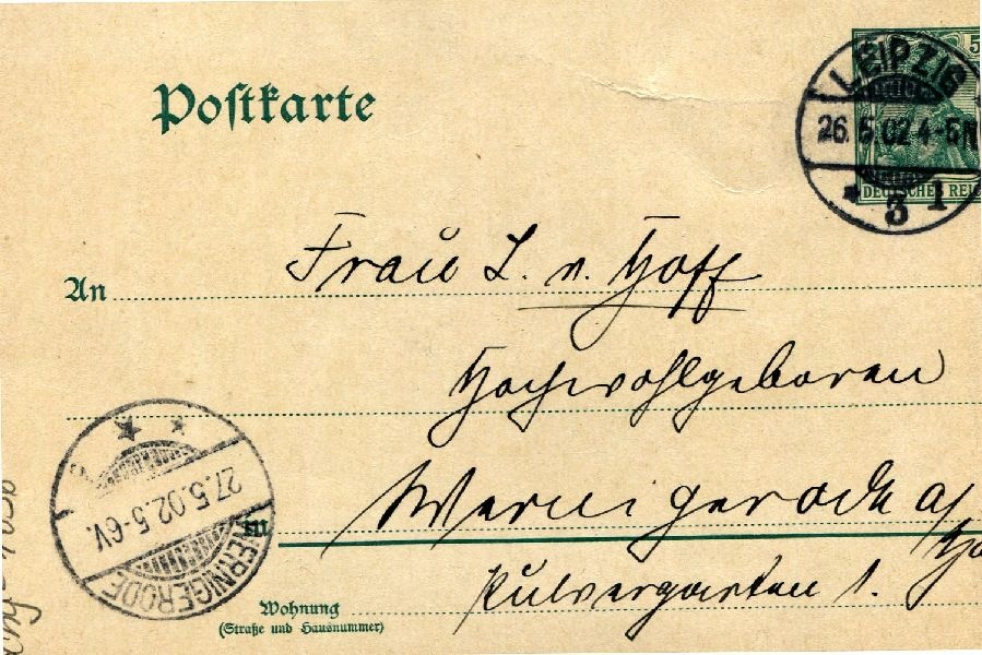Postkarte: Leipzig 26.05.02 Sohn Heinrich an seine Mutter Frau von Hoff (Schloß Wernigerode GmbH RR-F)