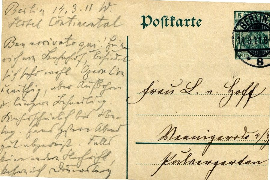 Postkarte: Berlin 14.03.1911Hotel Continental, Sohn Heinrich an seine Mutter Frau von Hoff (Schloß Wernigerode GmbH RR-F)