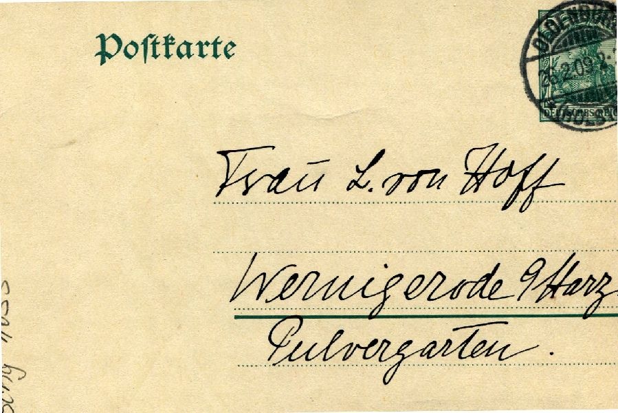 Postkarte: Oldenburg 25.02.09 Heinrich an seine Mutter Frau v. Hoff (Schloß Wernigerode GmbH RR-F)