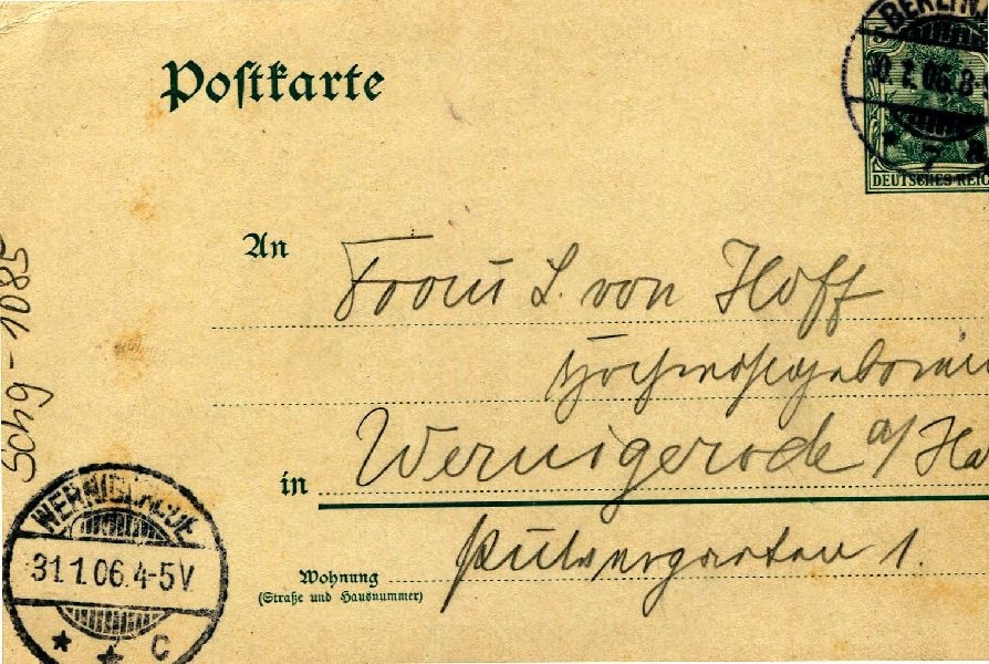 Postkarte: Berlin 30.01.06 Heinrich an seine Mutter Frau v. Hoff (Schloß Wernigerode GmbH RR-F)