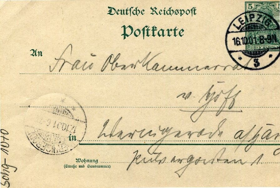 Postkarte: Leipzig 16.10.01 Heinrich an seine Mutter Frau v. Hoff (Schloß Wernigerode GmbH RR-F)