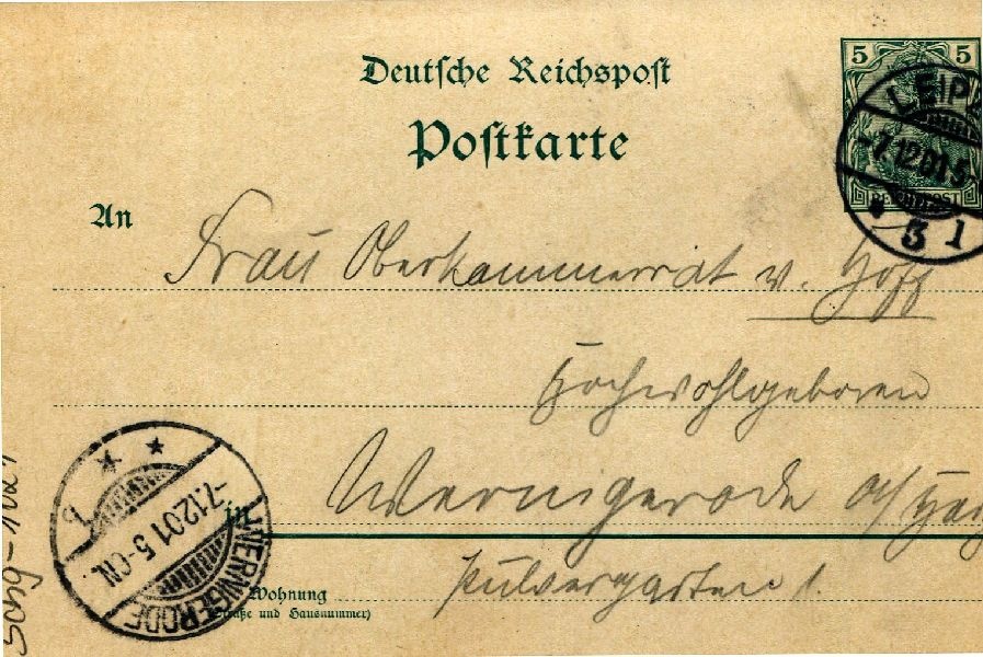 Postkarte: Leipzig 07.12.01 Sohn Heinrich an seine Mutter Frau von Hoff (Schloß Wernigerode GmbH RR-F)