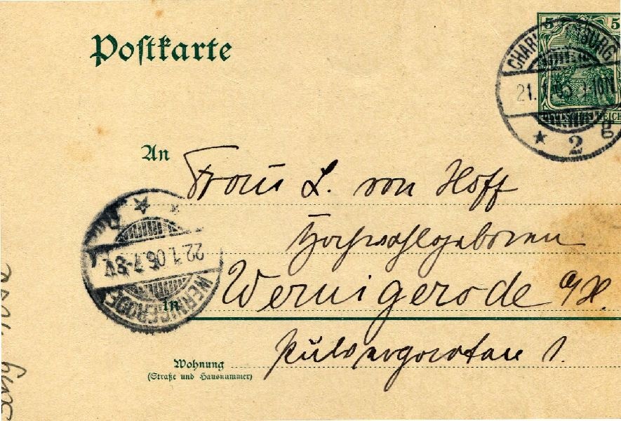Postkarte: Charlottenburg 21.01.06 Heinrich an seine Mutter Frau v. Hoff (Schloß Wernigerode GmbH RR-F)