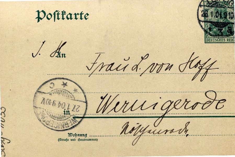 Postkarte: Leipzig 26.01.04 Sohn Heinrich an seine Mutter Frau von Hoff (Schloß Wernigerode GmbH RR-F)