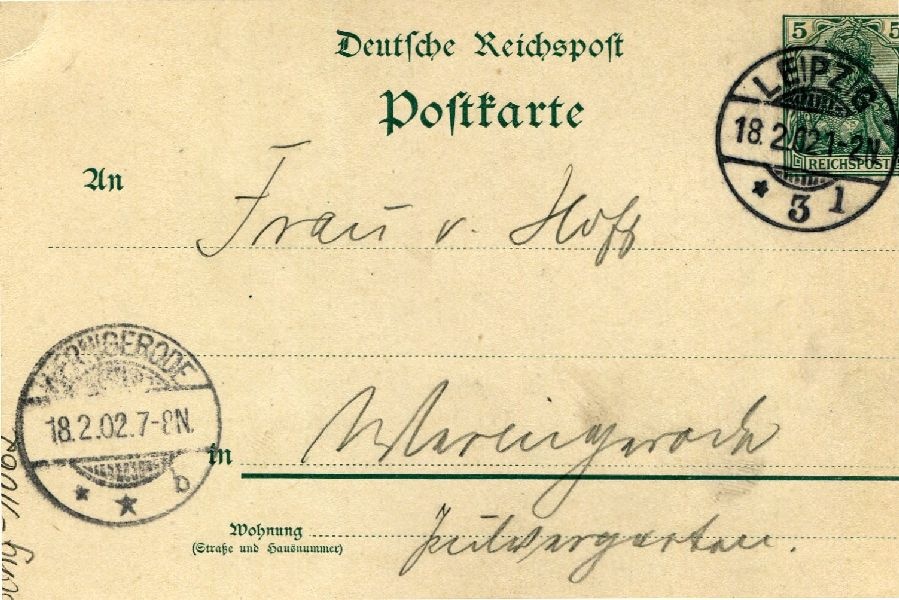 Postkarte: Leipzig 18.02.01 Heinrich an seine Mutter Frau v. Hoff (Schloß Wernigerode GmbH RR-F)