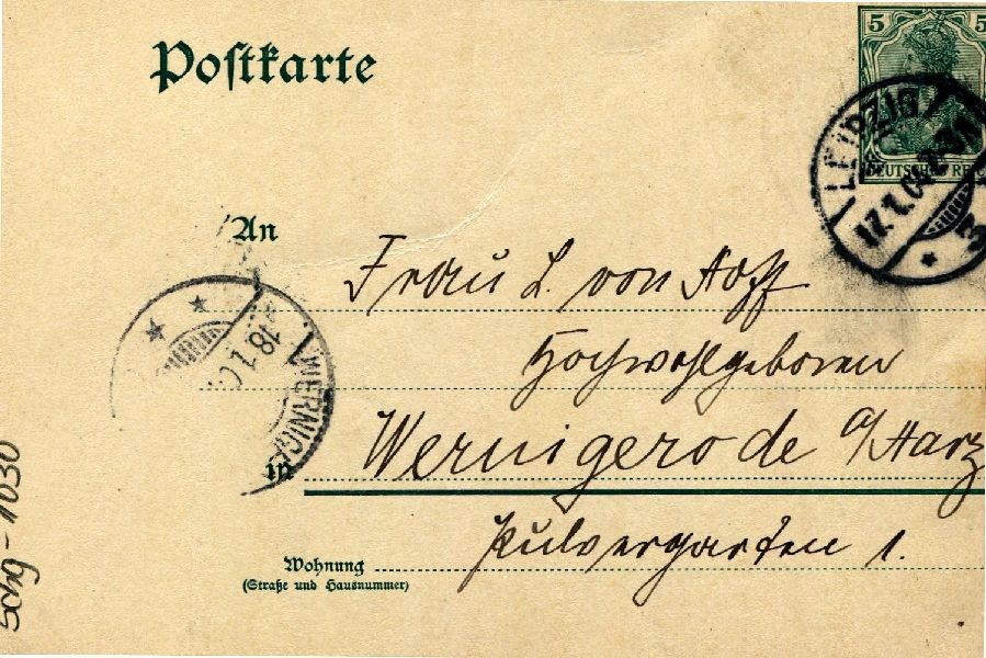Postkarte: Leipzig 17.01.04 Sohn Heinrich an seine Mutter Frau von Hoff (Schloß Wernigerode GmbH RR-F)