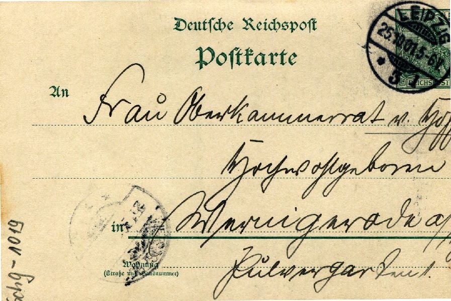 Postkarte: Leipzig 25.10.01 Sohn Heinrich an seine Mutter Frau von Hoff (Schloß Wernigerode GmbH RR-F)