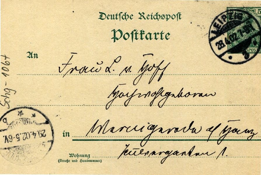 Postkarte: Leipzig 28.04.02 Heinrich an seine Mutter Frau v. Hoff (Schloß Wernigerode GmbH RR-F)