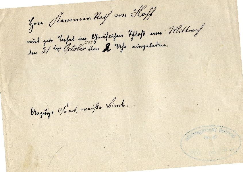 Einladung an Herrn Kammer-Rath von Hoff am 31. Okt. 1883 ... (Schloß Wernigerode GmbH RR-F)