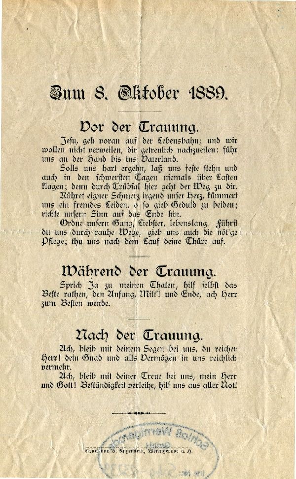 Gedrucktes Blatt "Zum 08. Okt. 1889 - Vor der Trauung ... (Schloß Wernigerode GmbH RR-F)