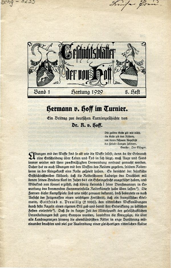 "Geschichtsblätter der von Hoff" Band 1, 8. Heft (Schloß Wernigerode GmbH RR-F)