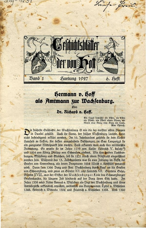 "Geschichtsblätter der von Hoff" Band 1, 6. Heft (Schloß Wernigerode GmbH RR-F)