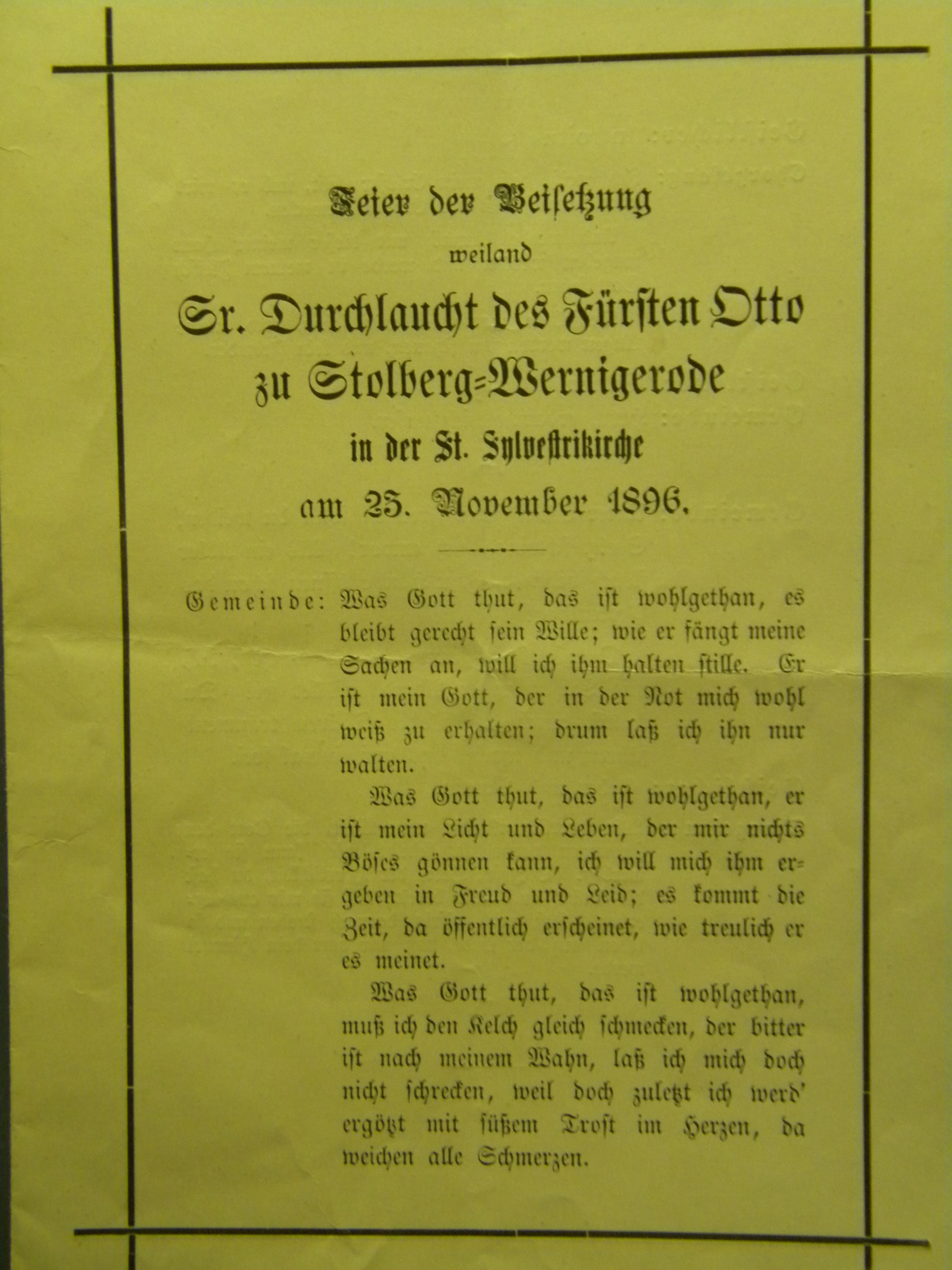 Gedrucktes Blatt "Feier des Beisetzung weiland Sr. Durchlaucht des Fürsten Otto zu Stol... (Schloß Wernigerode GmbH RR-F)