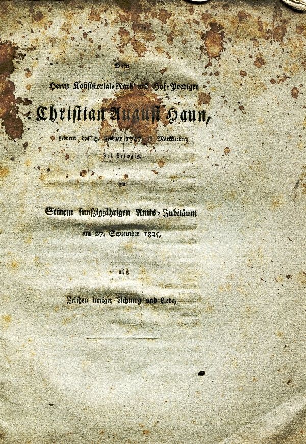 Gedrucktes Blatt "Dem Herrn Konsistorial-Rath u. Hof-Pred. Christian August Hann... (Schloß Wernigerode GmbH RR-F)