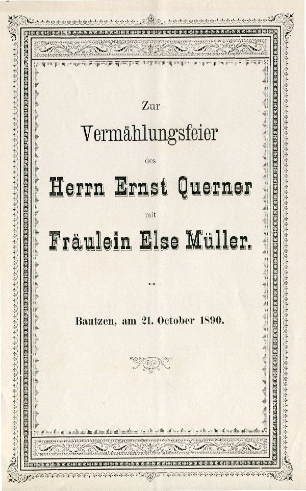 Gedrucktes Blatt "Zur Vermählungsfeier des Herrn Ernst Querner mit Fräulein Else Müller sowie Tafellied (Schloß Wernigerode GmbH RR-F)