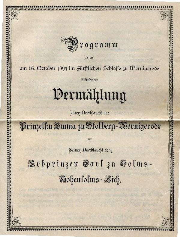 Programm zu der am 16 Oktober 1894 stattfindenden Vermählung (Emma u. Carl) (Schloß Wernigerode GmbH RR-F)