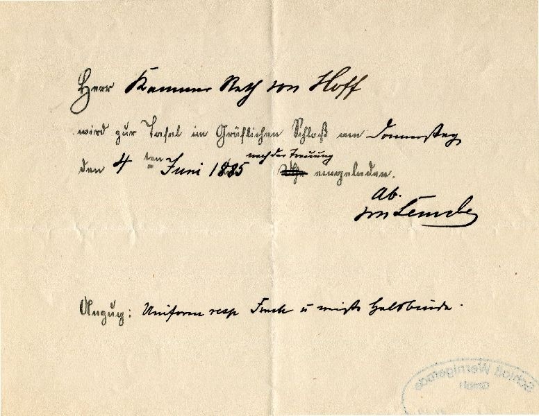Einladung an Herrn Kammer-Rath von Hoff am 04. Juni 1885 nach der Trauung ... (Schloß Wernigerode GmbH RR-F)