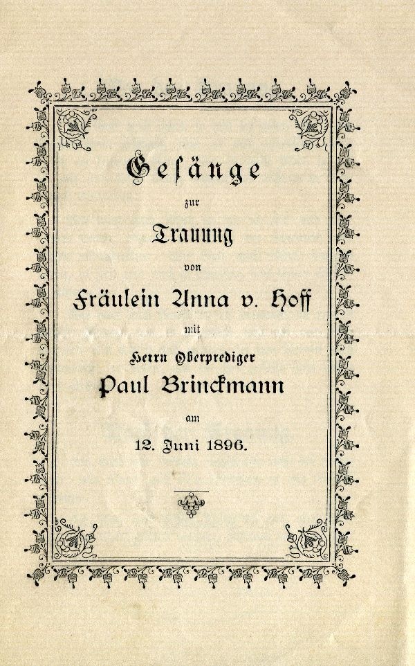 Gedrucktes Blatt "Gesange zur Trauung von Fräulein Anna v. Hoff mit Herrn Oberprediger ... (Schloß Wernigerode GmbH RR-F)