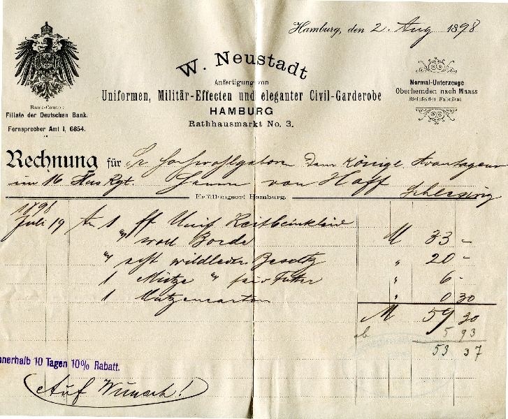 Rechnung, Hamburg d. 02. Aug. 1898, Uniformen (Schloß Wernigerode GmbH RR-F)