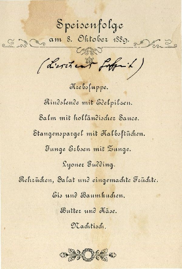 Speisefolge am 08. Oktober 1889 (Lieschens Hochzeit) (Schloß Wernigerode GmbH RR-F)