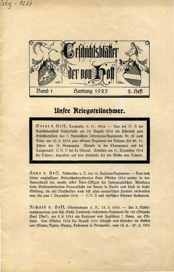 "Geschichtsblätter der von Hoff" Band 1, 2. Heft (Schloß Wernigerode GmbH RR-F)